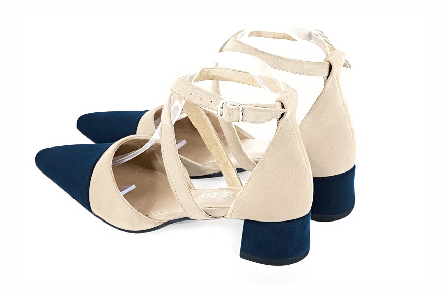 Navy blue and champagne beige women's open side shoes, with crossed straps. Tapered toe. Low flare heels. Rear view - Florence KOOIJMAN